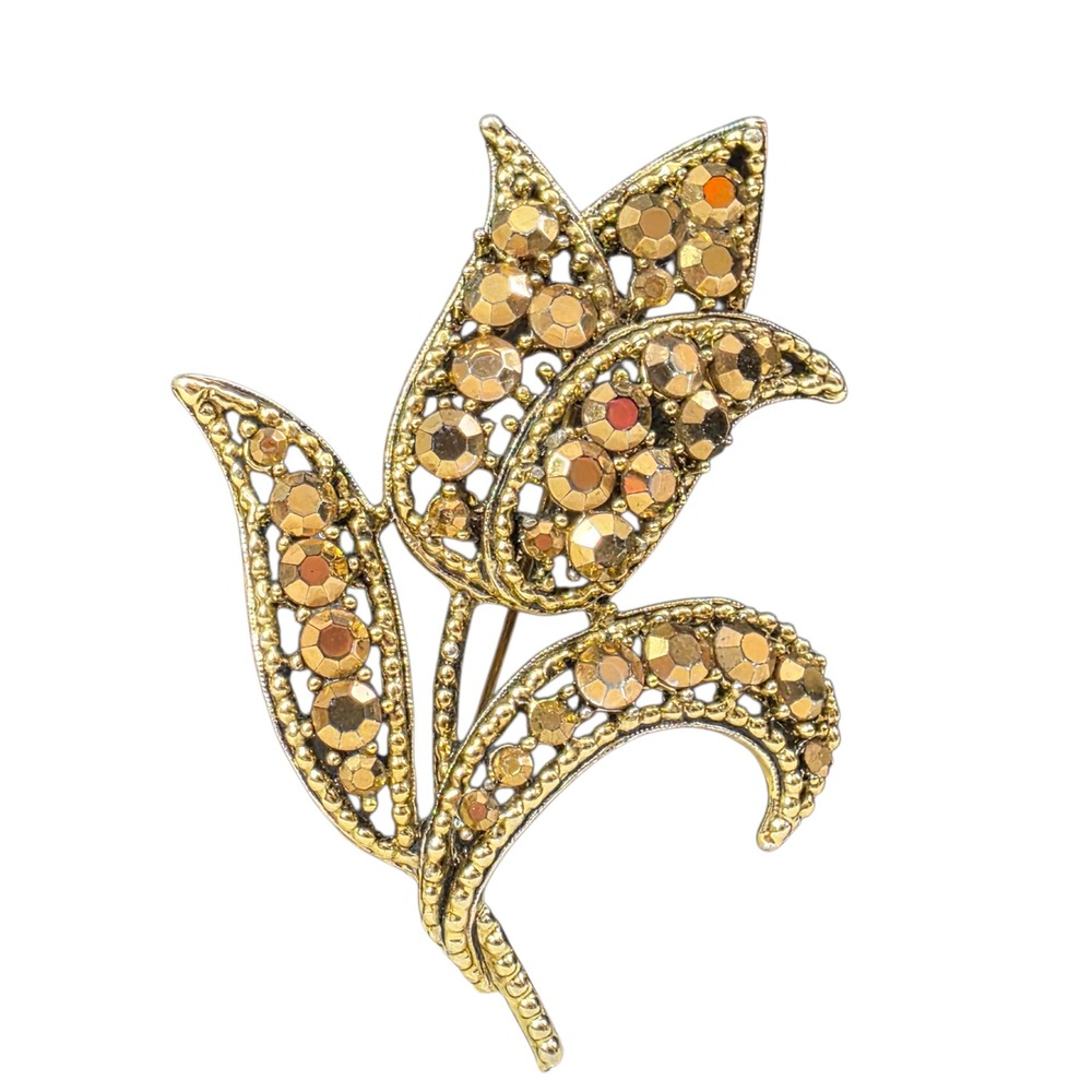 Vintage Weiss Brooch Tulip Flower Gold Tone‎ Amber Rhinestone Collectible Retro